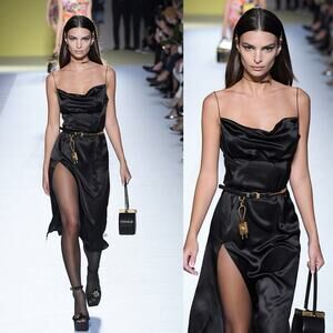 Versace | SS19 Runway Black Silk Satin Cowl Neck Seamed Slip Dress ASO Emrata